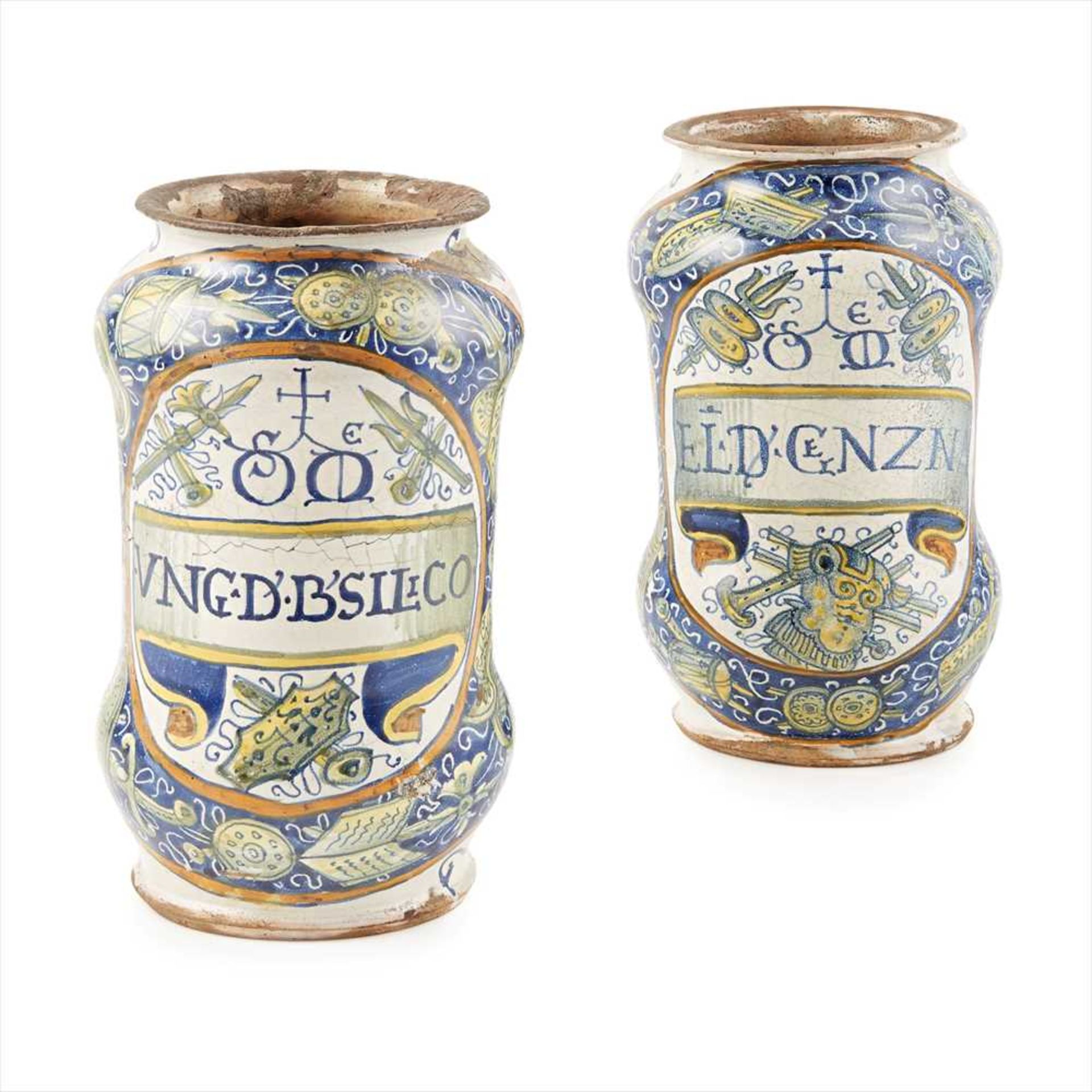 PAIR OF UNRECORDED ITALIAN MAIOLICA ALBARELLOS, FROM A SET OF PHARMACY JARS BY ANDREA DI MARCO DI