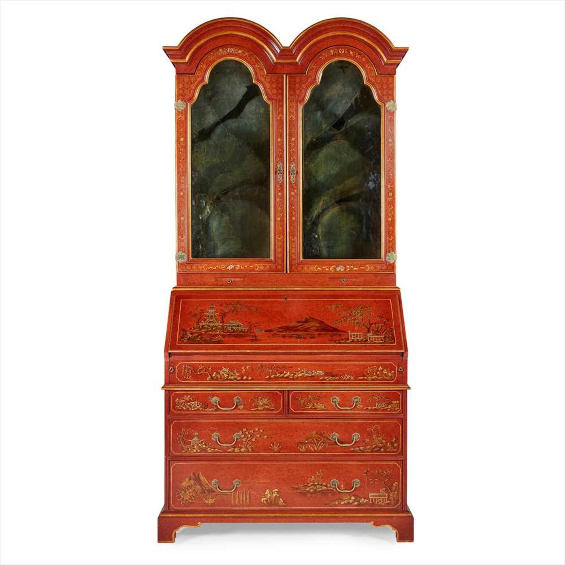 GEORGE I STYLE RED JAPANNED BUREAU BOOKCASE 20TH CENTURY