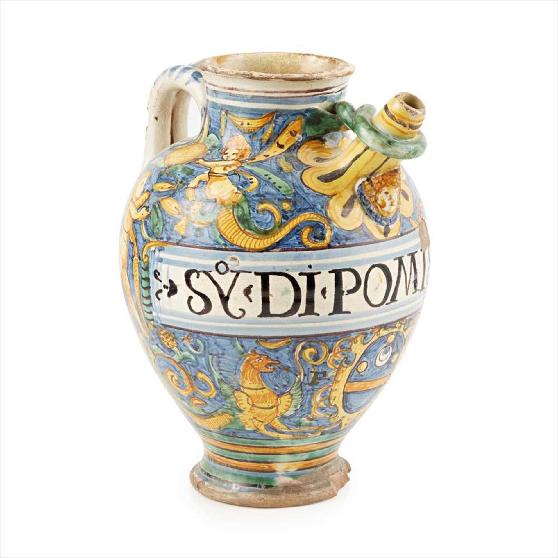 ITALIAN MAIOLICA HANDLED SPOUTED DRUG JAR MONTELUPO, ABOUT 1570