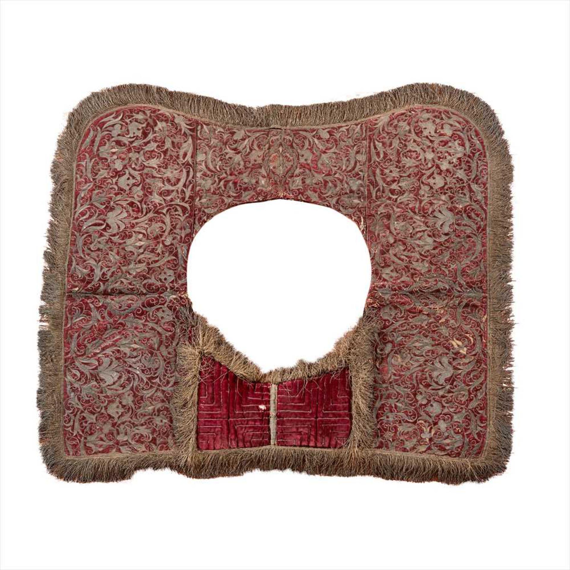 OTTOMAN SADDLE AND METAL-THREAD EMBROIDERED RED GROUND SADDLE CLOTH 18TH CENTURY - Image 2 of 2