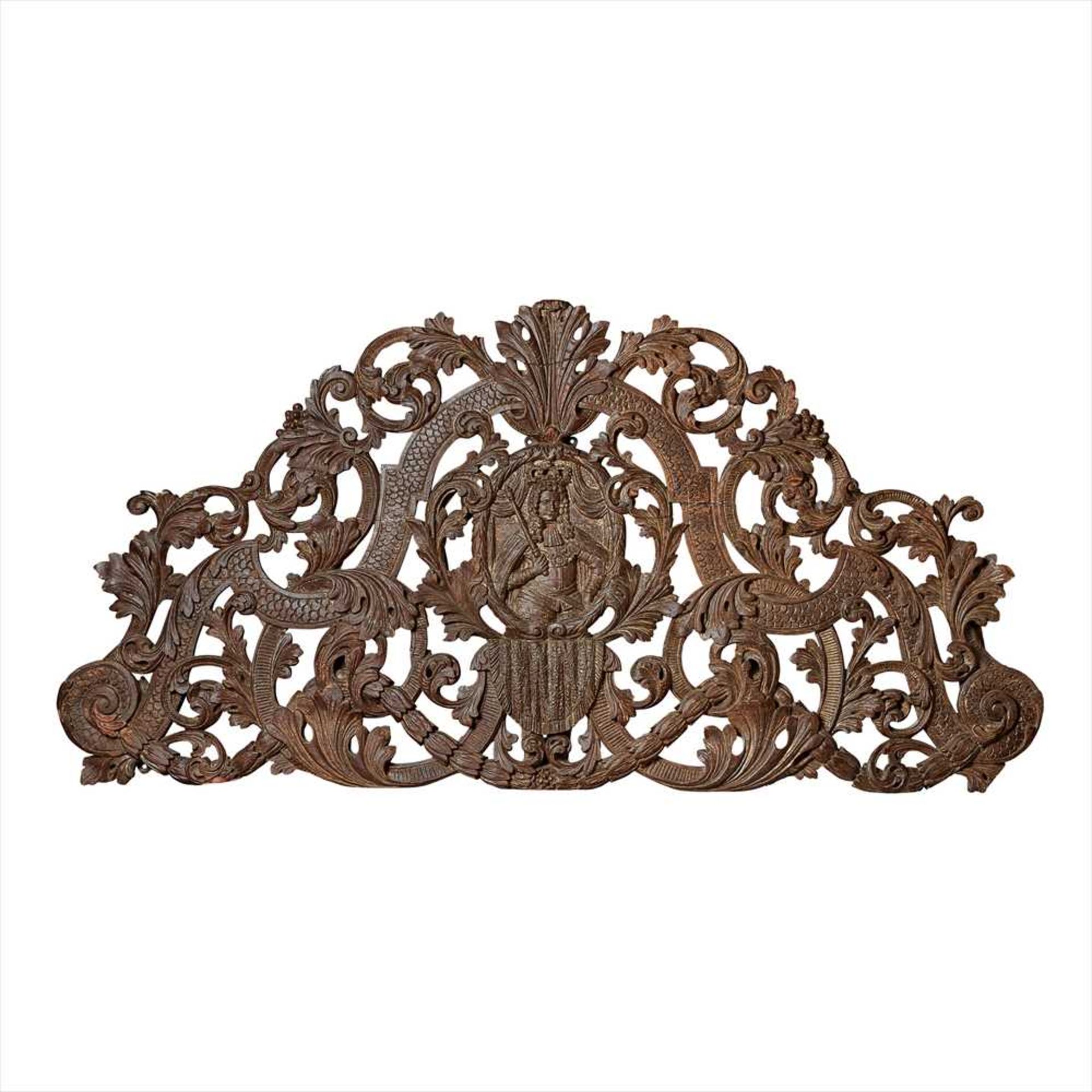 CHARLES II PARCEL-GILT AND SILVERED CARVED WALNUT DOORWAY PEDIMENT CIRCA 1670