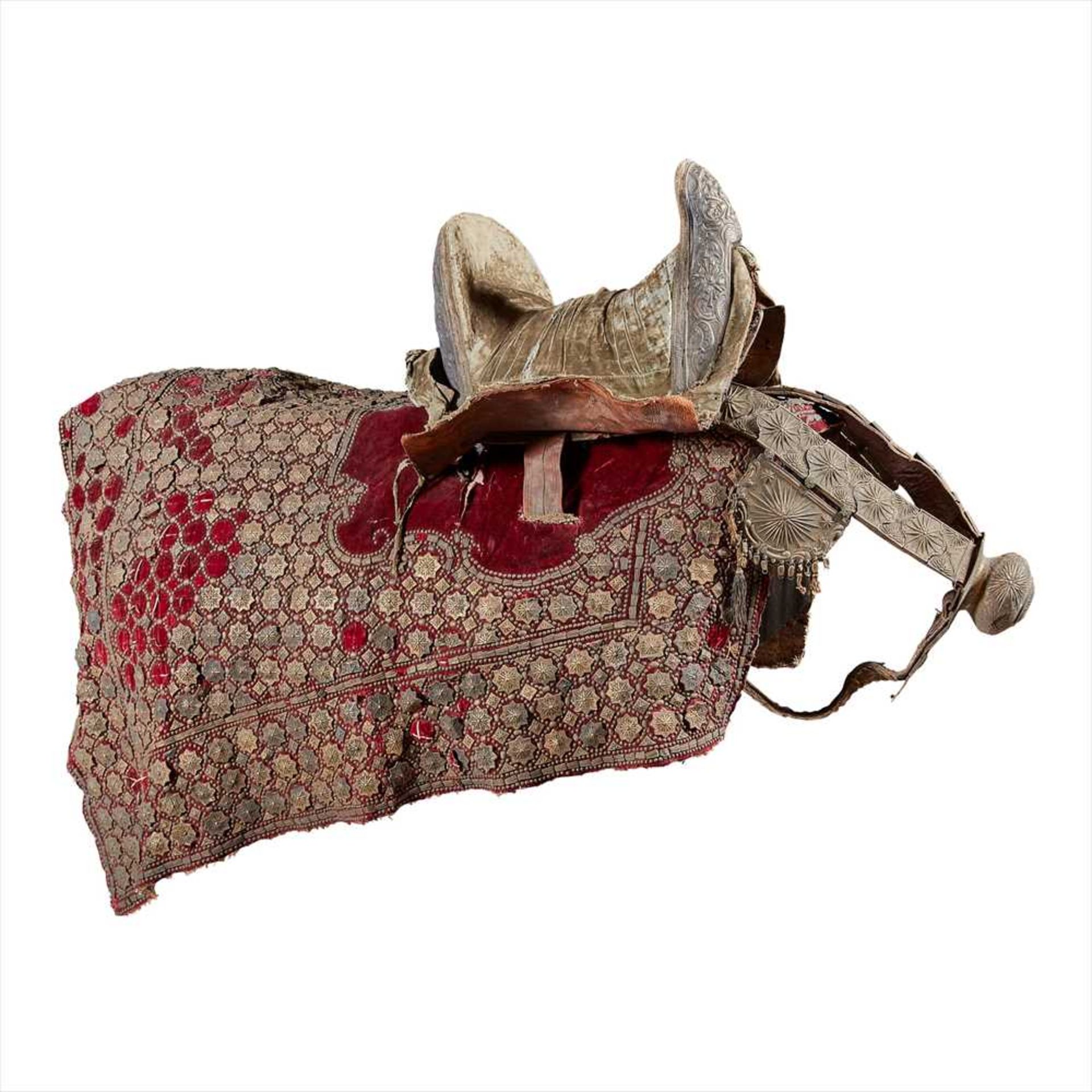 OTTOMAN SADDLE, RED VELVET SADDLE-CLOTH, AND TACKLE LATE 18TH/ EARLY 19TH CENTURY