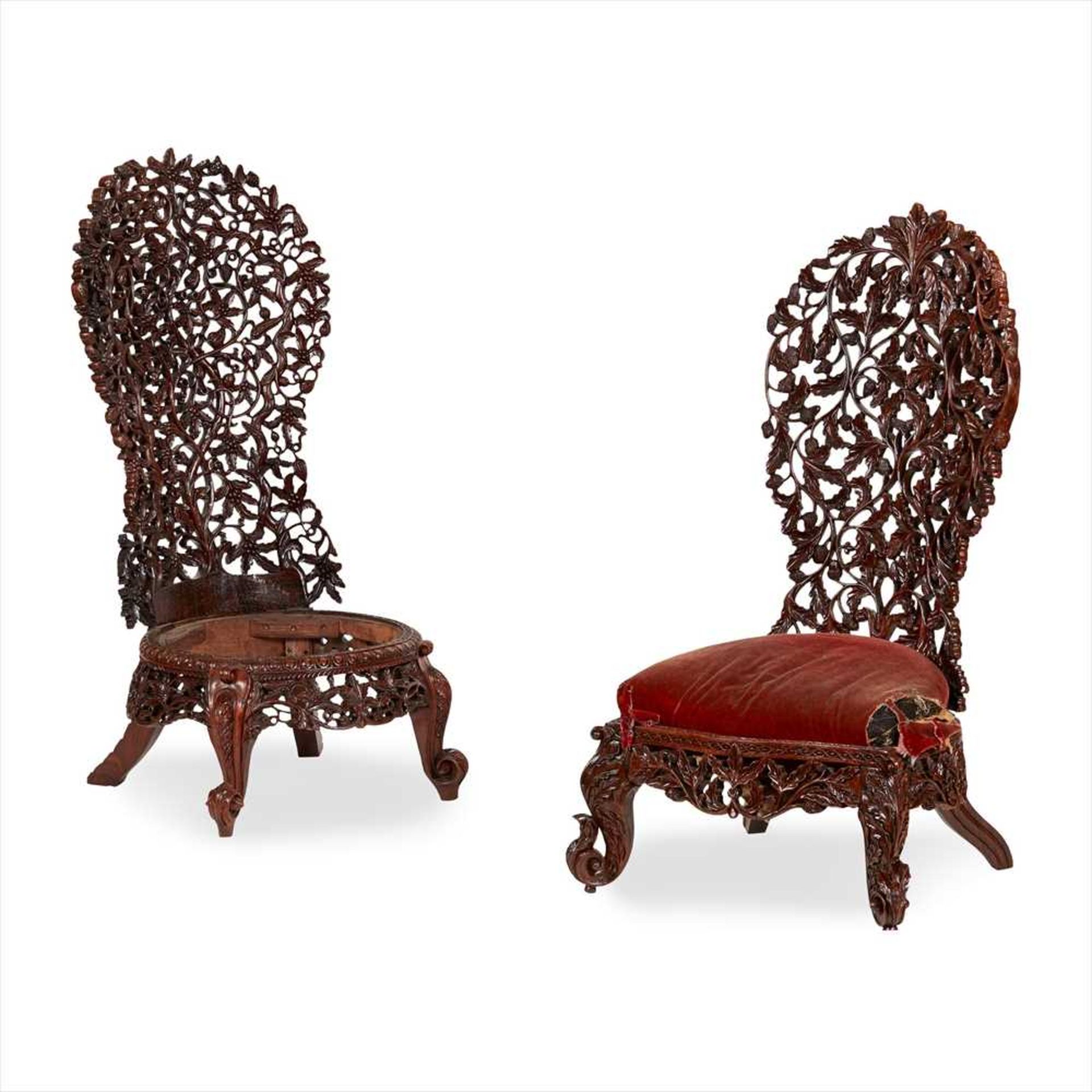 TWO CEYLONESE CARVED HARDWOOD SIDE CHAIRS LATE 19TH CENTURY