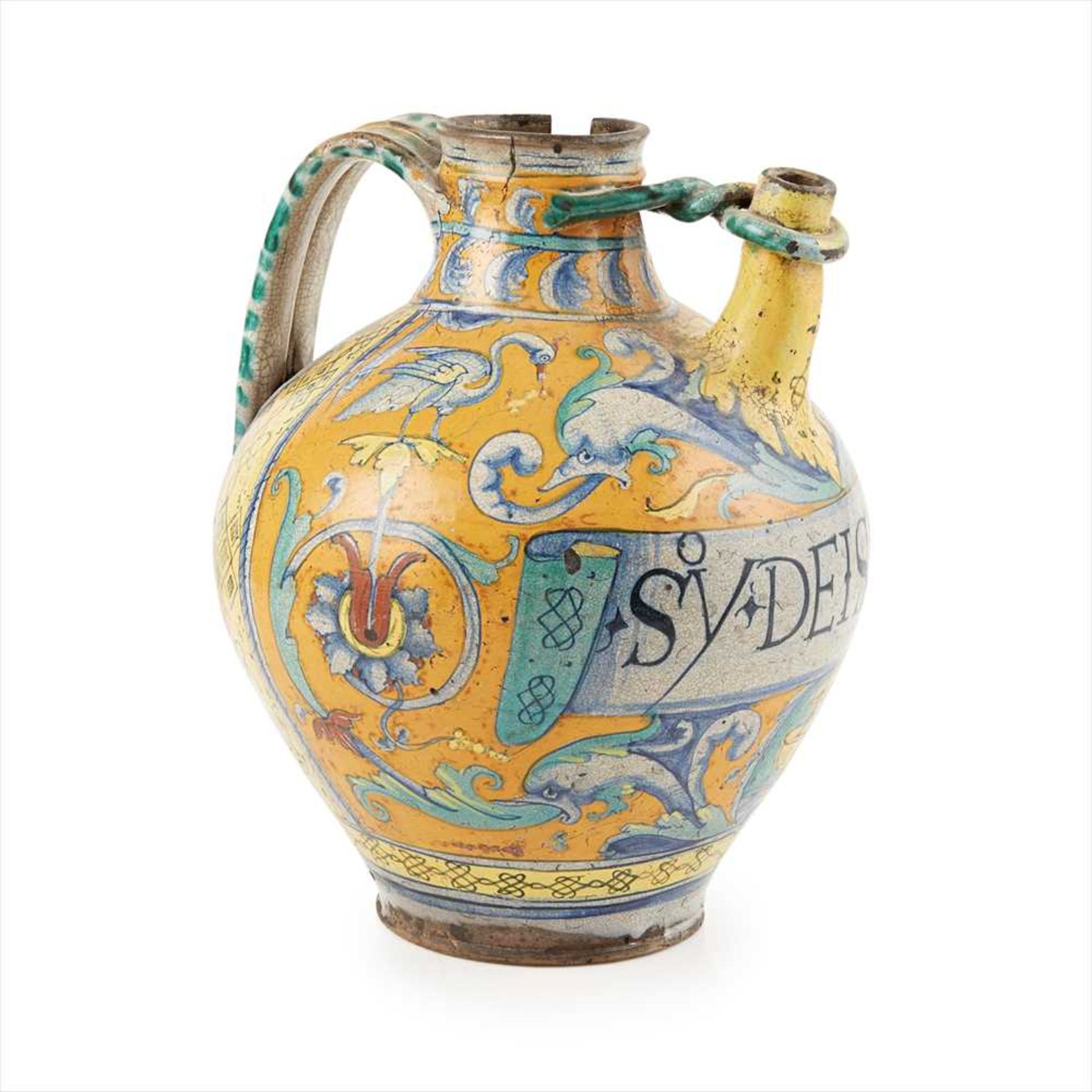 UNRECORDED ITALIAN MAIOLICA HANDLED SPOUTED DRUG JAR SIENA, CIRCA 1510-1530