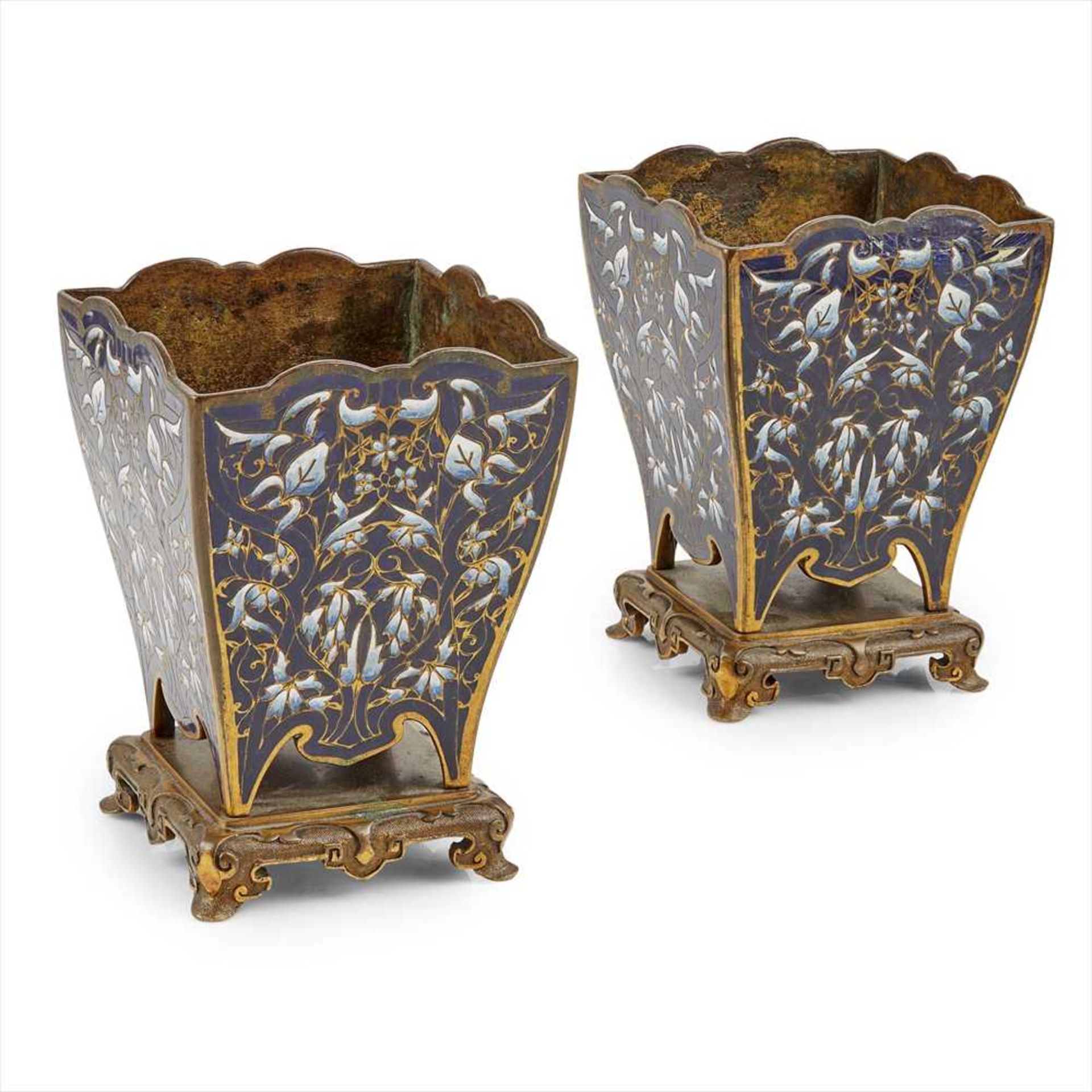 PAIR OF FRENCH 'JAPONISME' GILT BRONZE AND CHAMPLÊVÉ ENAMEL JARDINIÈRES LATE 19TH CENTURY