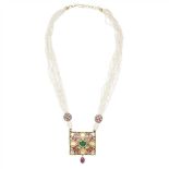 An Indian beryl, ruby and diamond set pendant necklace