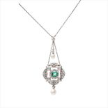 A Belle Époque emerald, diamond and pearl set pendant necklace