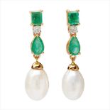 A pair of emerald, diamond and pearl set pendant earrings