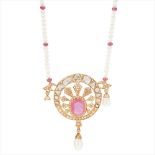 An Indian style ruby, diamond and pearl set necklace