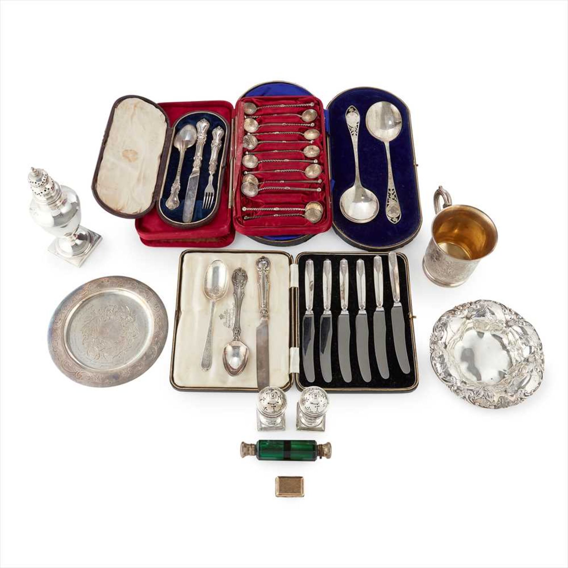 A group of various cased sets of silver and other silver