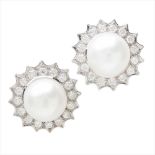 A pair of South Sea pearl and diamond cluster earrings