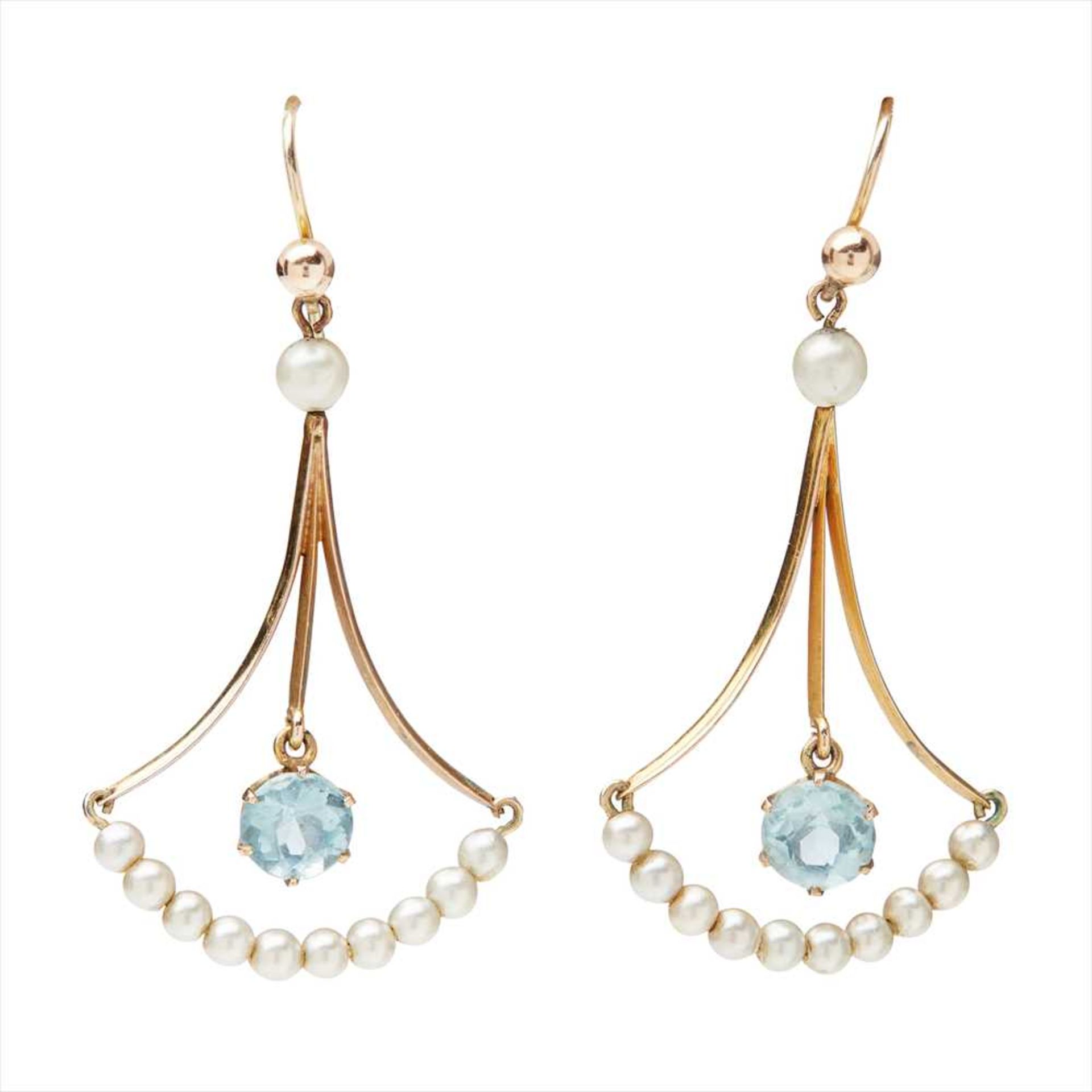 A pair of Edwardian aquamarine and pearl set pendant earrings