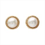 A pair of 18ct gold mabé set pearl ear clips