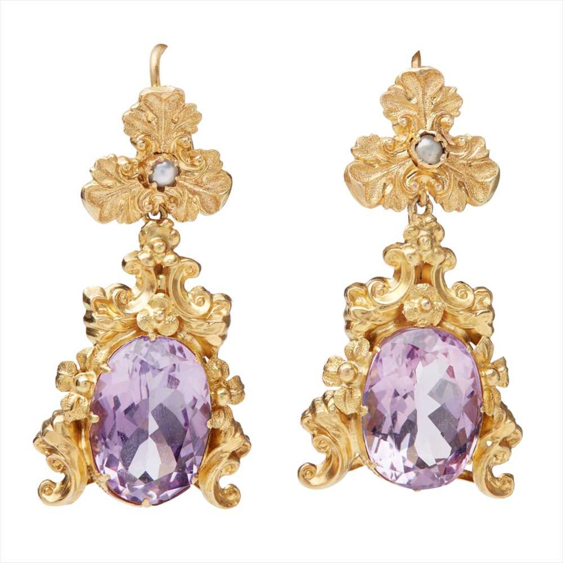 A pair of Victorian amethyst set pendant earrings