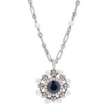 A sapphire, pearl and diamond set pendant necklace