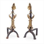 MANNER OF CHRISTOPHER DRESSER PAIR OF AESTHETIC MOVEMENT BRASS AND CAST IRON FIRE DOGS, CIRCA 1880