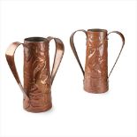 OBED NICHOLLS (1885–1962) FOR NEWLYN SCHOOL PAIR OF ARTS & CRAFTS TWIN HANDLED COPPER VASES, CIRCA