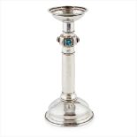 ENGLISH SCHOOL ARTS & CRAFTS WHITE METAL AND ENAMEL ALTAR CANDLESTICK, CIRCA 1900