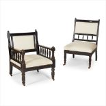 MANNER OF E. W. GODWIN AESTHETIC MOVEMENT LADY'S AND GENTLEMAN'S EBONISED ARMCHAIRS, CIRCA 1880