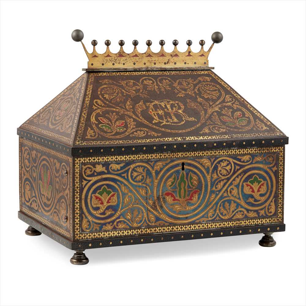 MANNER OF EUGÈNE EMMANUEL VIOLLET-LE-DUC GOTHIC REVIVAL GILT AND PATINATED IRON TABLE CASKET, LATE