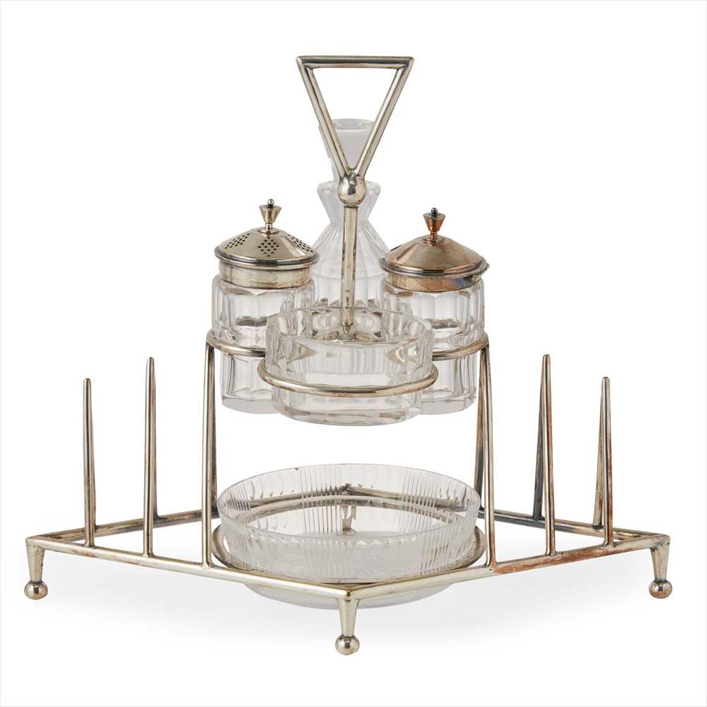 ATTRIBUTED TO CHRISTOPHER DRESSER FOR HUKIN & HEATH, LONDON ELECTROPLATED CRUET SET, CIRCA 1880