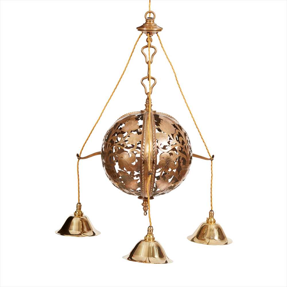 MANNER OF EDWARD SPENCER FOR THE ARTIFICERS' GUILD ARTS & CRAFTS BRASS CHANDELIER, CIRCA 1900