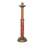 ENGLISH SCHOOL LARGE GOTHIC REVIVAL POLYCHROME AND GILTWOOD ALTAR CANDLESTICK, EARLY 20TH CENTURY