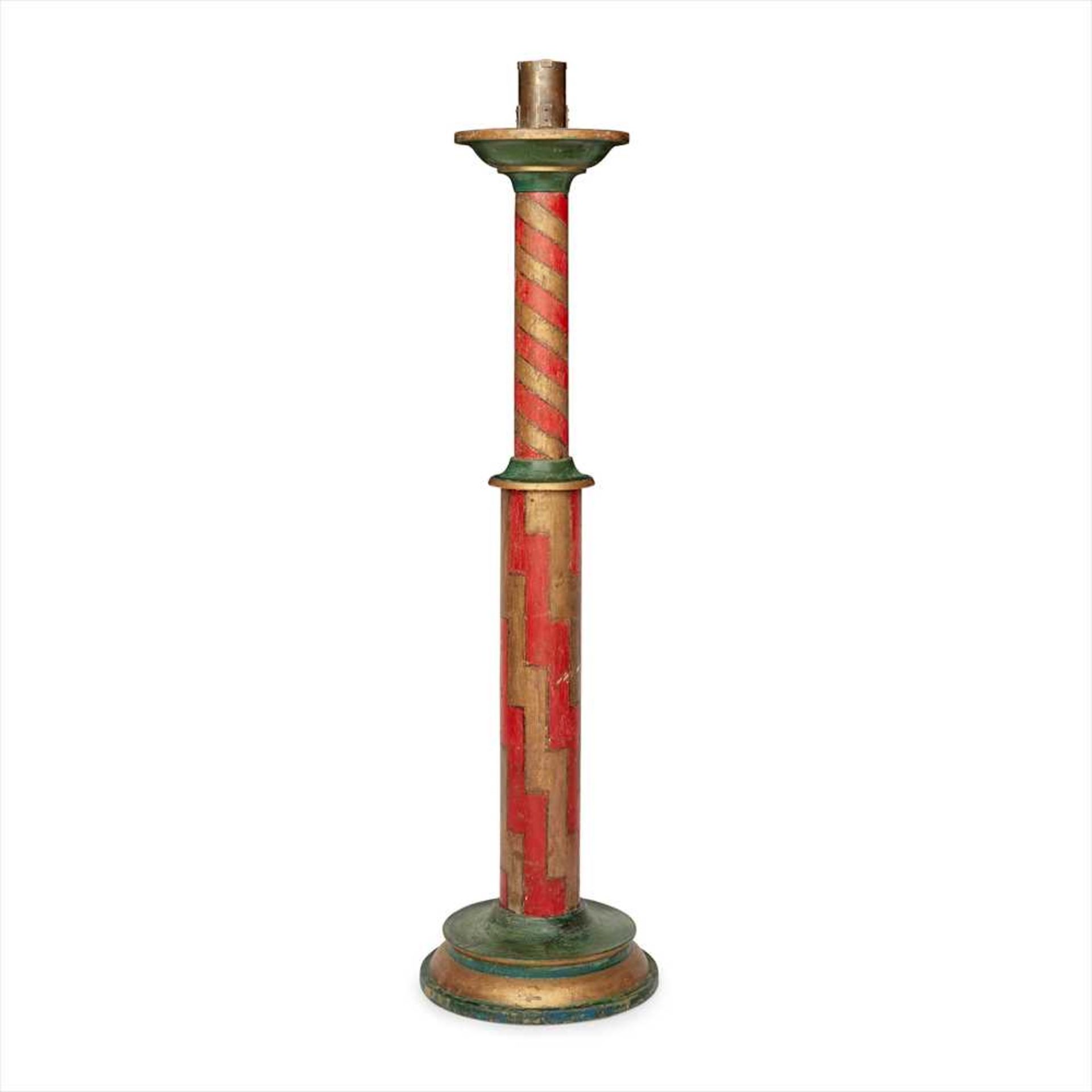 ENGLISH SCHOOL LARGE GOTHIC REVIVAL POLYCHROME AND GILTWOOD ALTAR CANDLESTICK, EARLY 20TH CENTURY