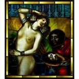 CONTINENTAL SCHOOL, AFTER FRANZ VON STUCK 'SALOME', STAINED, LEADED AND PAINTED GLASS PANEL, CIRCA
