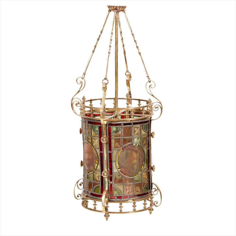 ENGLISH SCHOOL AESTHETIC MOVEMENT BRASS FRAMED HALL LANTERN, CIRCA 1880