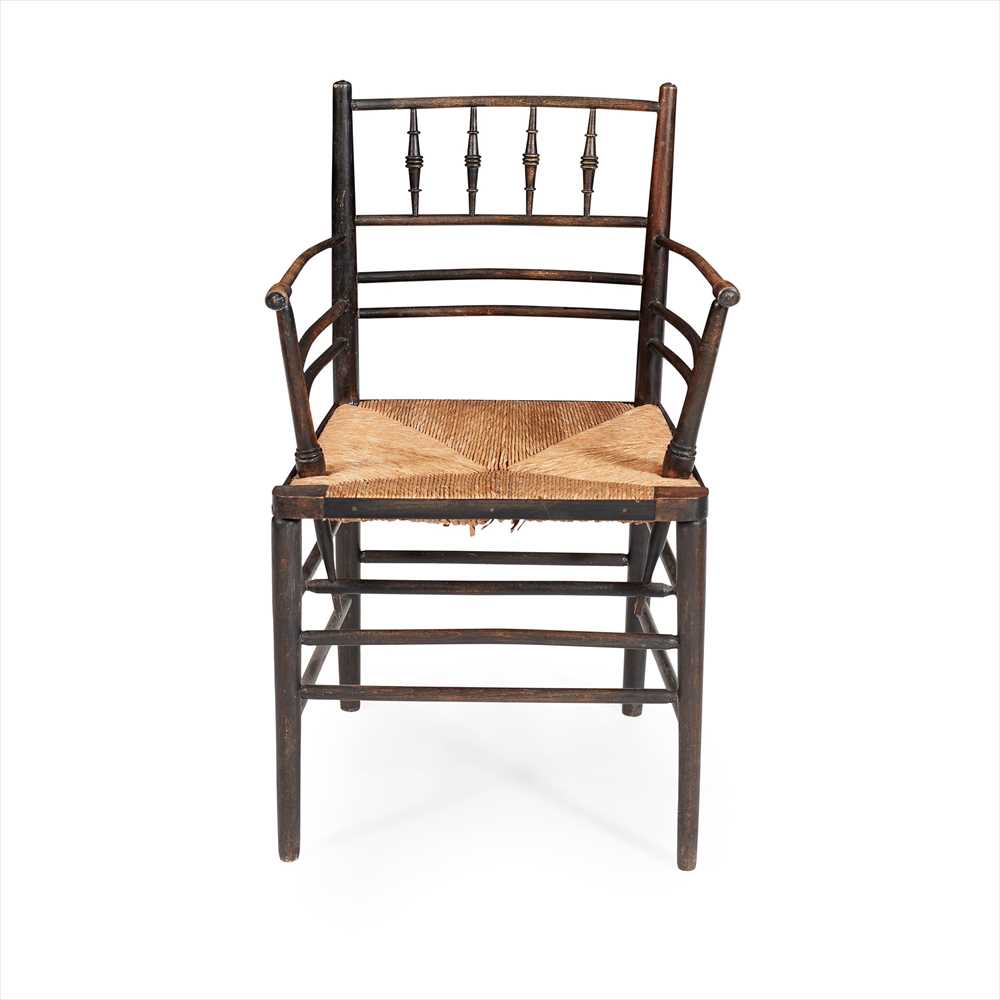 PHILIP SPEAKMAN WEBB (1831-1915) FOR MORRIS & CO. EBONISED WOOD 'SUSSEX' ARMCHAIR, CIRCA 1890