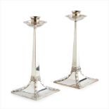 JAMES DIXON & SONS, SHEFFIELD PAIR OF ARTS & CRAFTS SILVER CANDLESTICKS, SHEFFIELD 1908