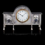 MANNER OF GEORGE WALTON FOR GOODYERS, LONDON ARTS & CRAFTS SILVERED AND ENAMEL-SET MANTEL CLOCK,
