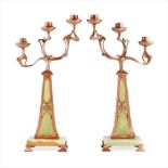 CONTINENTAL SCHOOL PAIR OF ART NOUVEAU COPPER PLATED BRASS AND ONYX CANDELABRA, CIRCA 1900