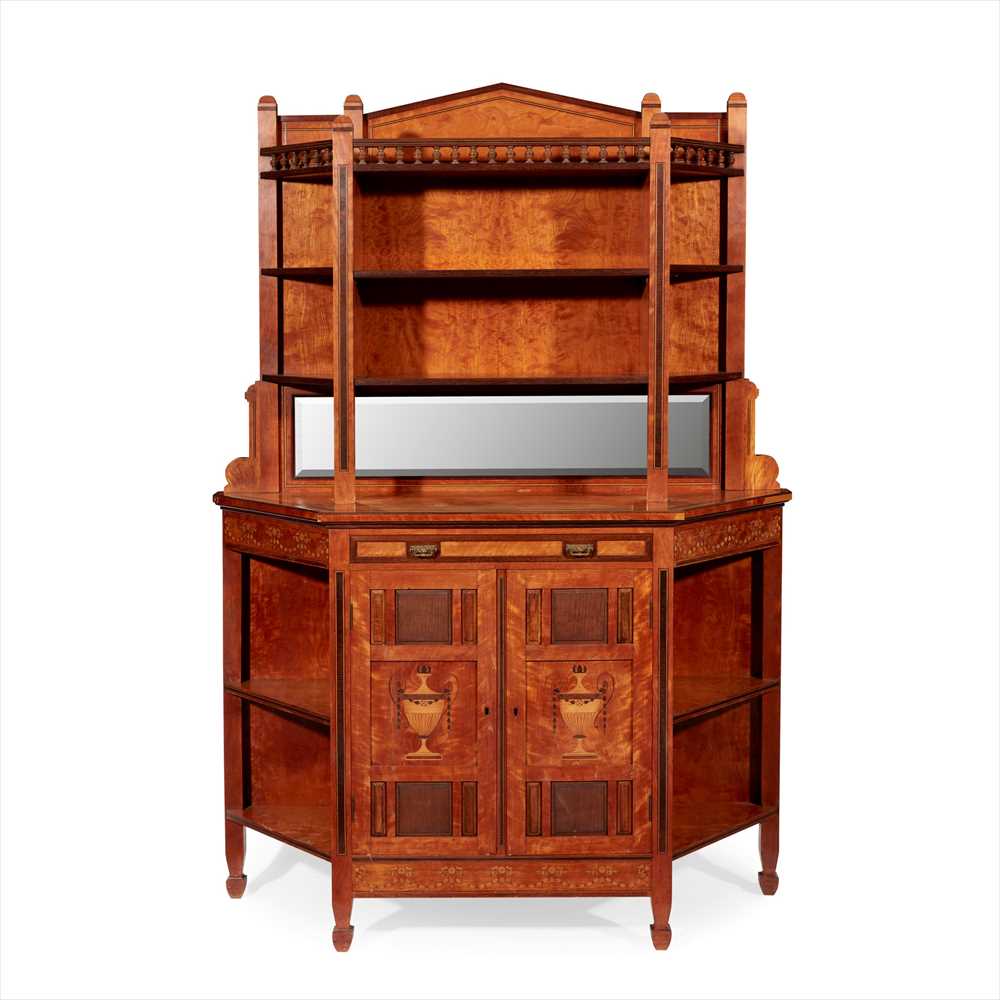 AESTHETIC MOVEMENT, MANNER OF WALTER CRANE INLAID SATINWOOD DRAWING ROOM CABINET, CIRCA 1890