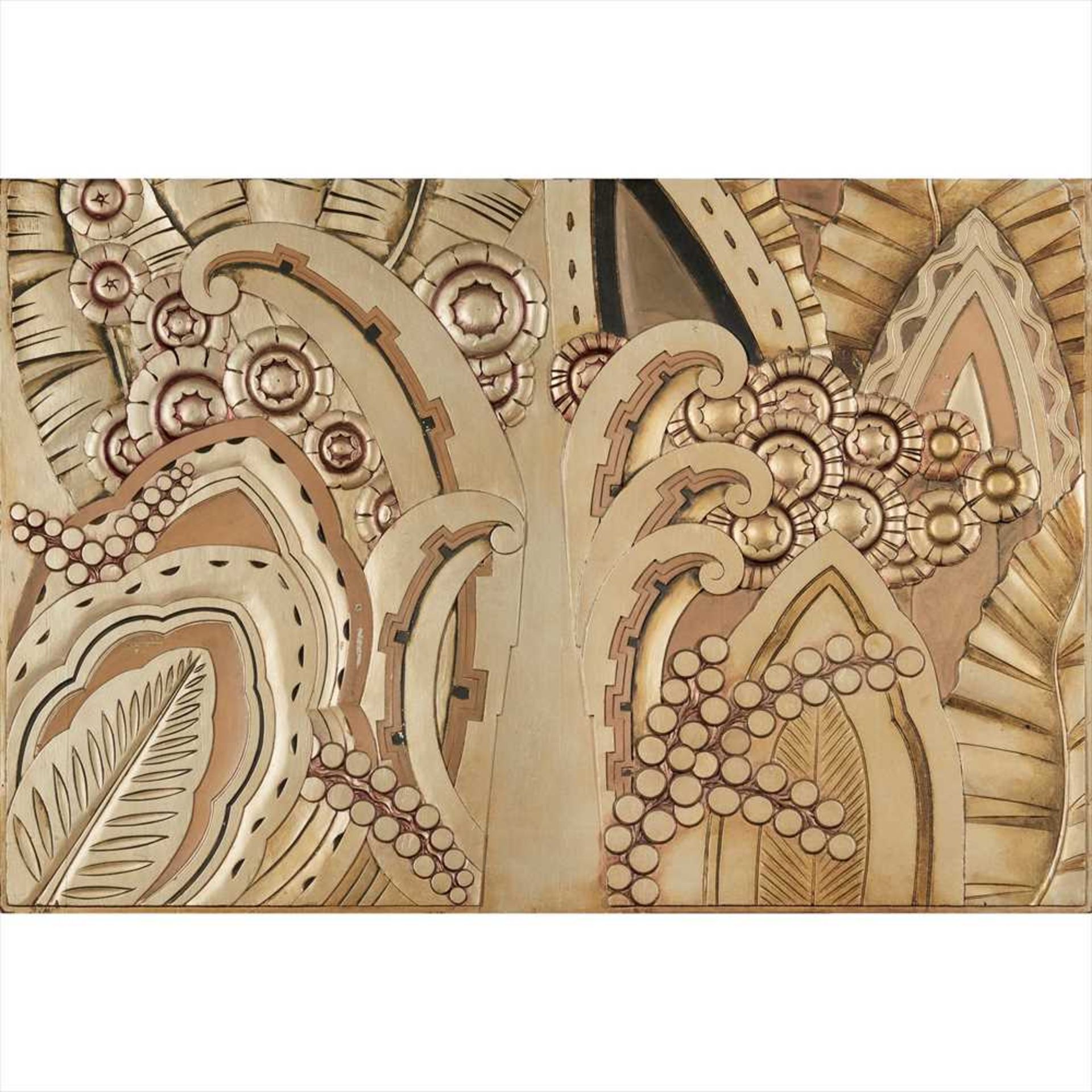 FRENCH SCHOOL, MANNER OF EDGAR BRANDT ART DECO STYLE POLYCHROME CARVED WOOD PANEL, 20TH CENTURY