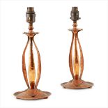 ENGLISH SCHOOL PAIR OF ARTS & CRAFTS COPPER TABLE LAMPS, CIRCA 1900