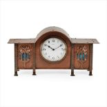MANNER OF GEORGE WALTON FOR GOODYERS. LONDON ARTS & CRAFTS COPPER AND ENAMEL-SET MANTEL CLOCK,