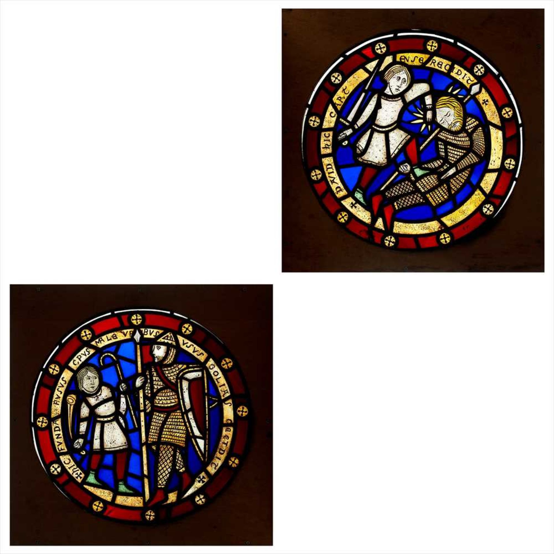 MANNER OF WILLIAM BURGES PAIR OF STAINED GLASS ROUNDELS, MID 19TH CENTURY