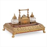 ENGLISH SCHOOL GOTHIC REVIVAL BRASS-MOUNTED OAK DESK STAND, CIRCA 1890