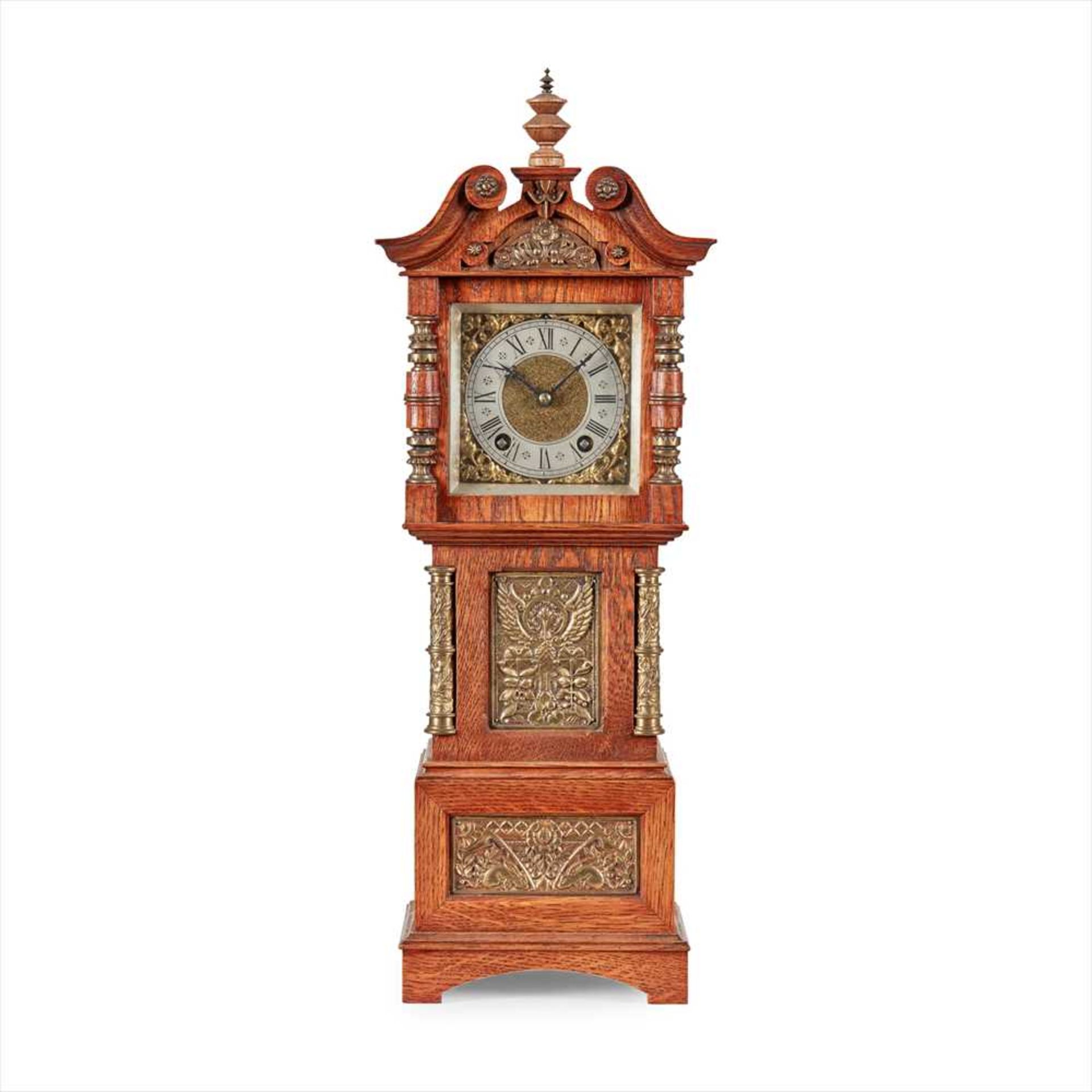 ENGLISH SCHOOL AESTHETIC MOVEMENT OAK CASED MANTEL CLOCK, CIRCA 1880