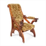 FRENCH SCHOOL LARGE GOTHIC REVIVAL UPHOLSTERED MAHOGANY ARMCHAIR, CIRCA 1870