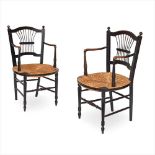 ATTRIBUTED TO DANTE GABRIEL ROSSETTI FOR MORRIS & CO. PAIR OF ARTS & CRAFTS EBONISED ARMCHAIRS,