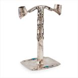 ARCHIBALD KNOX (1864-1933) FOR LIBERTY & CO., LONDON 'TUDRIC' PEWTER & ENAMEL CANDELABRUM, CIRCA