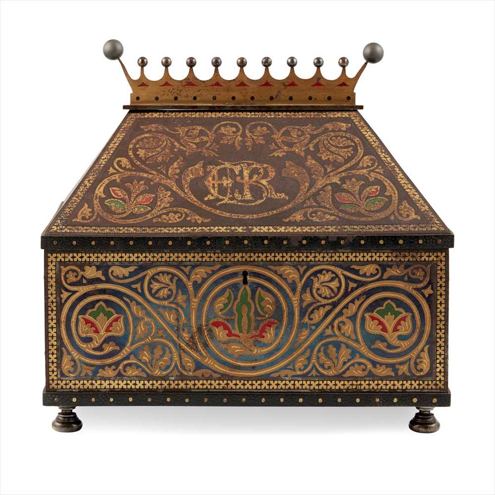 MANNER OF EUGÈNE EMMANUEL VIOLLET-LE-DUC GOTHIC REVIVAL GILT AND PATINATED IRON TABLE CASKET, LATE - Image 2 of 2