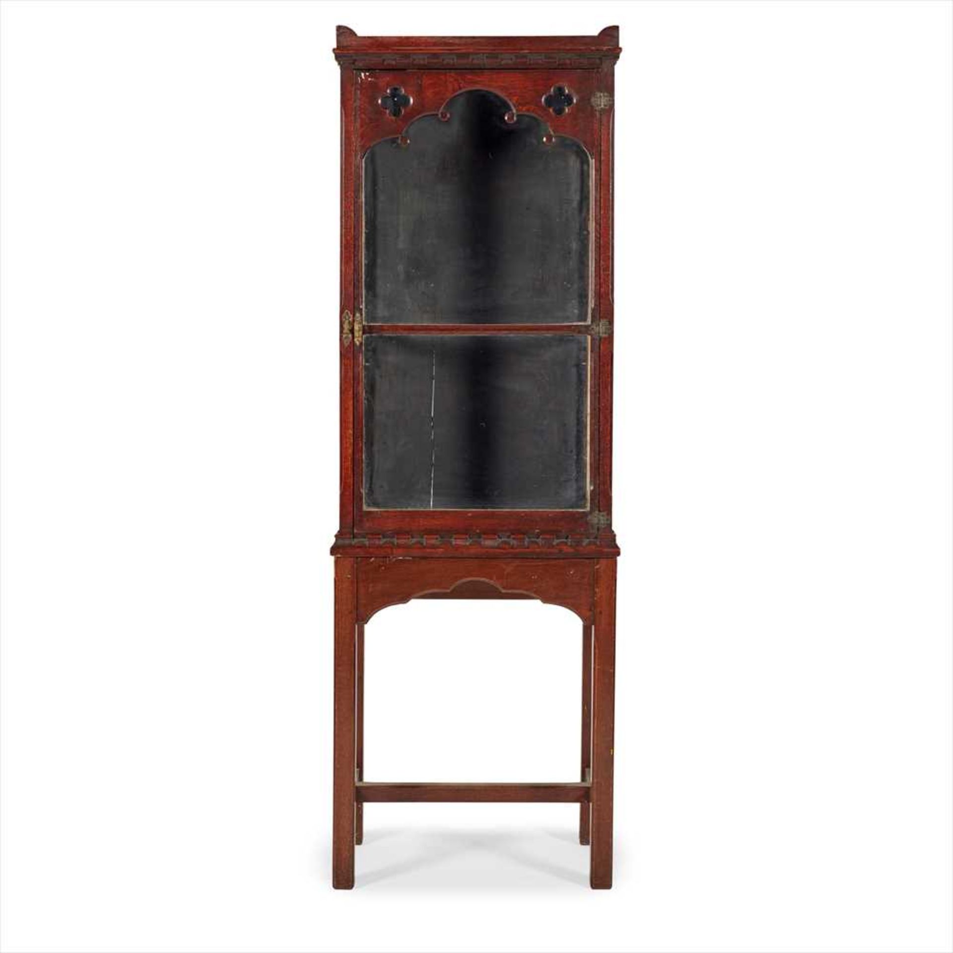 ENGLISH SCHOOL GOTHIC REVIVAL OAK DISPLAY CABINET ON STAND, CIRCA 1890