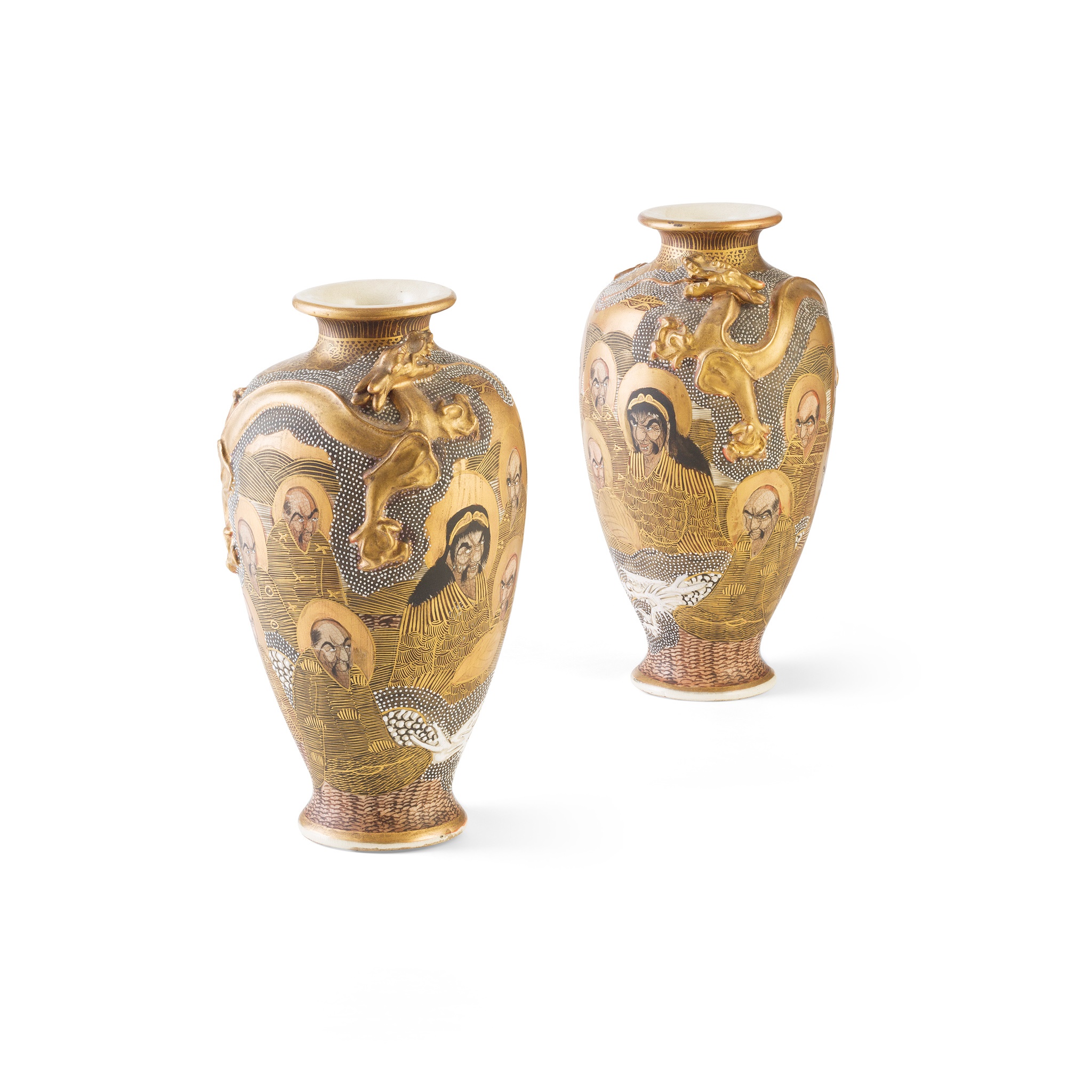 PAIR OF SATSUMA 'RAKAN' VASES MEIJI PERIOD