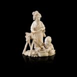 Y JAPANESE IVORY 'THRESHING SCENE' OKIMONO MEIJI PERIOD