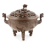 LARGE SILVER-INLAID BRONZE CENSER WITH COVER QING DYNASTY, 18TH CENTURY