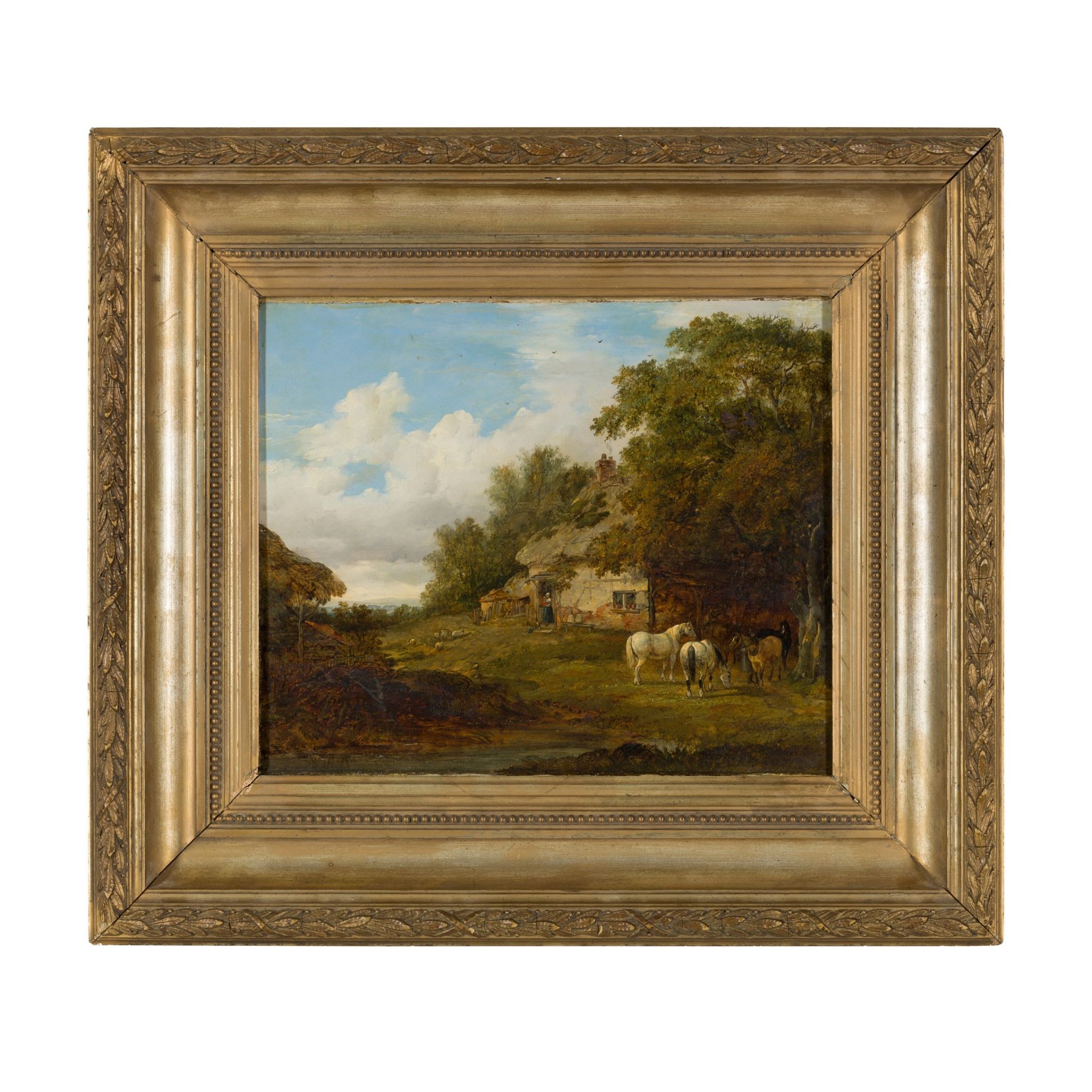 ATTRIBUTED TO PATRICK NASMYTH (SCOTTISH 1787-1831) COUNTRY COTTAGE WITH HORSES - Image 2 of 2